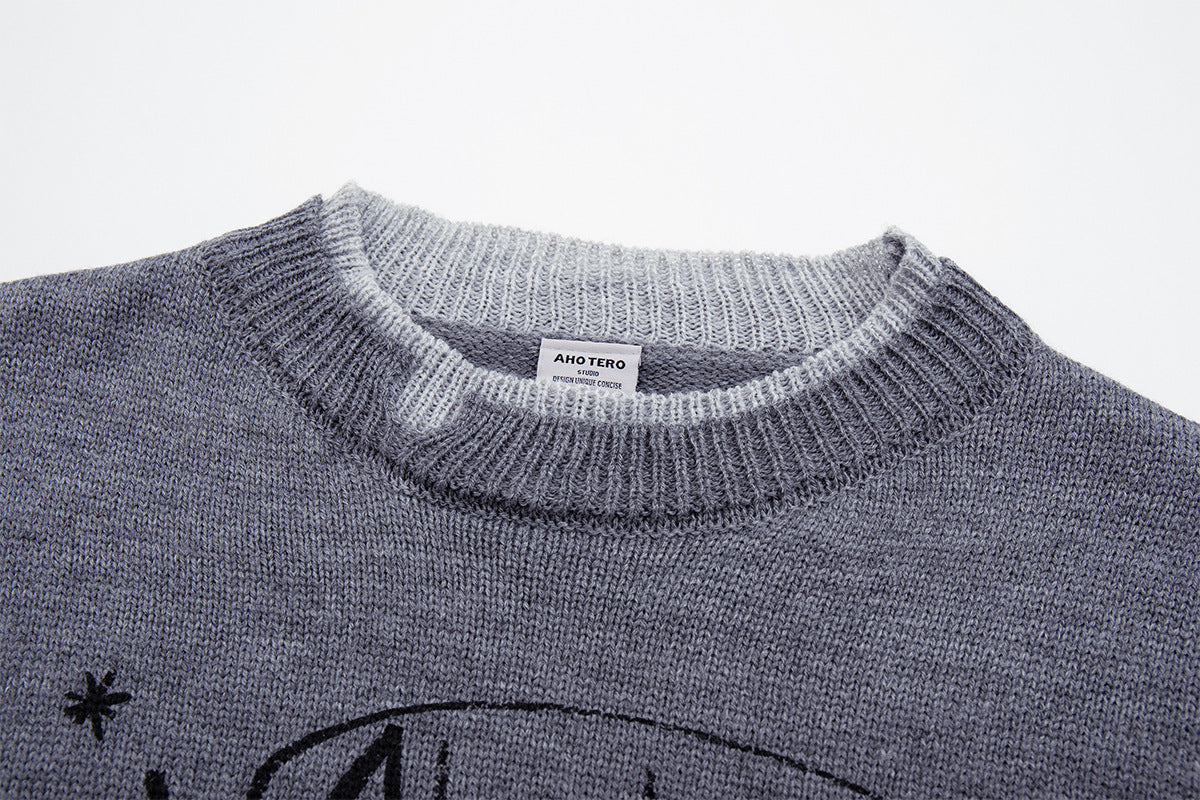 Crew Neck Graphic Knit Sweater – Retro American Campus Style