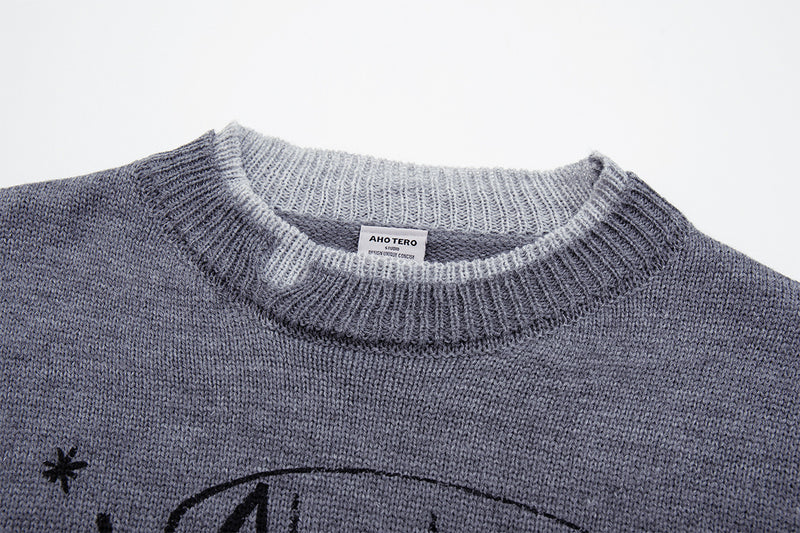 Crew Neck Graphic Knit Sweater – Retro American Campus Style