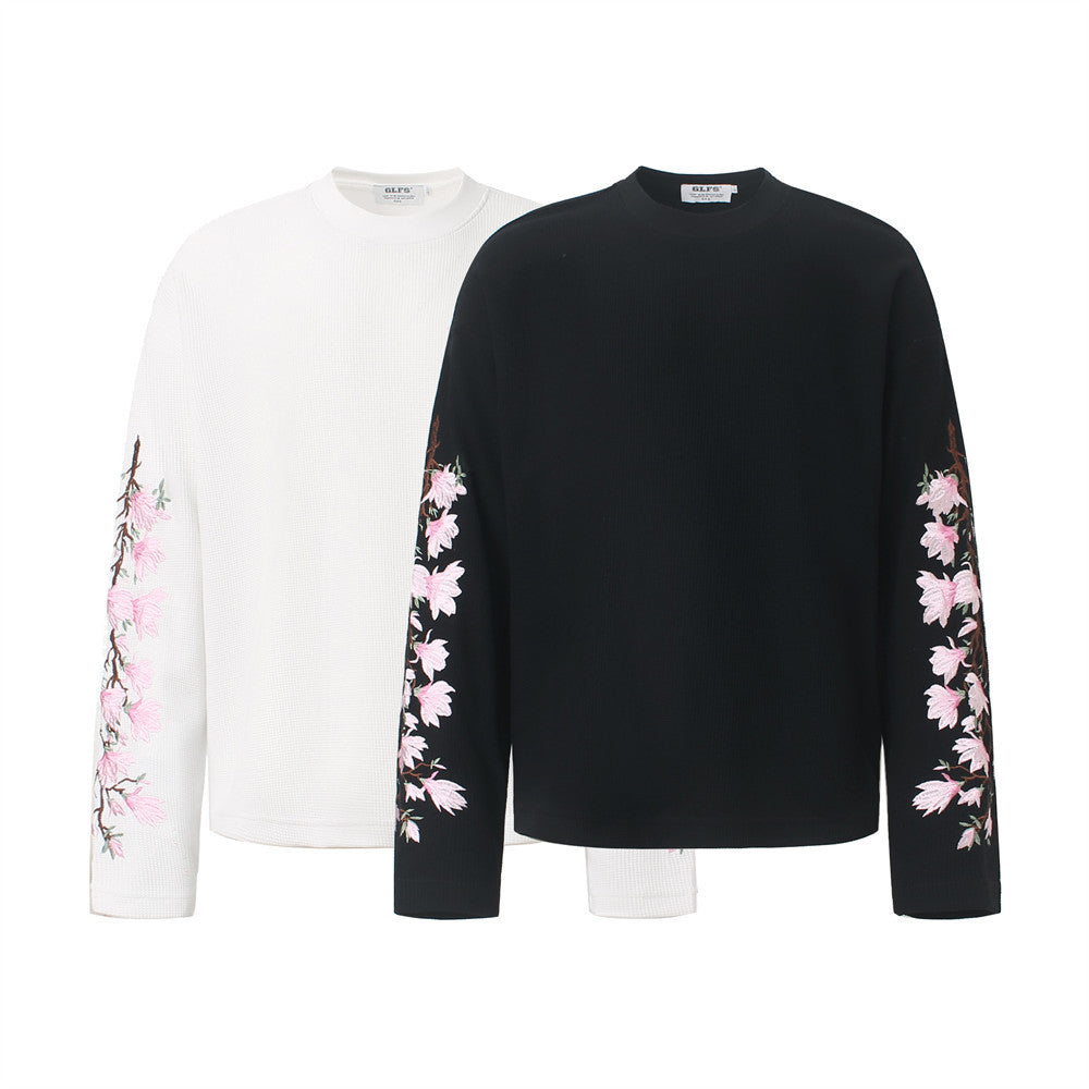 Mens Embroidered T Shirt – Floral Cherry Blossom Long Sleeve Crew Neck