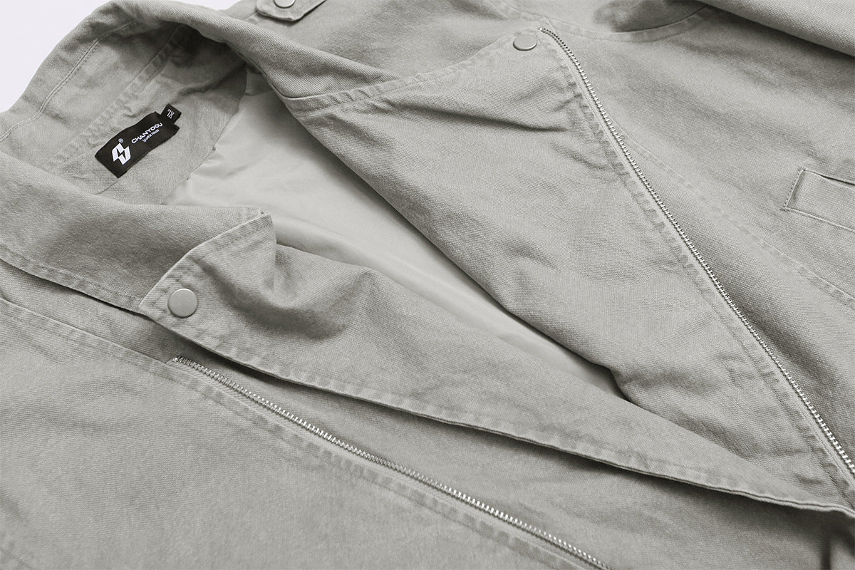 Men's Washed Asymmetric-Zip Moto Jacket with Epaulettes