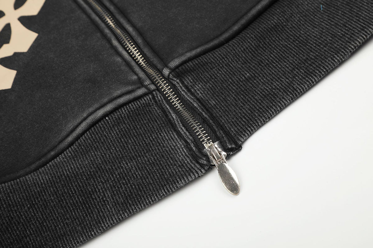 Cross Print Washed Zip-Up Hoodie – Cropped Black Streetwear Jacket