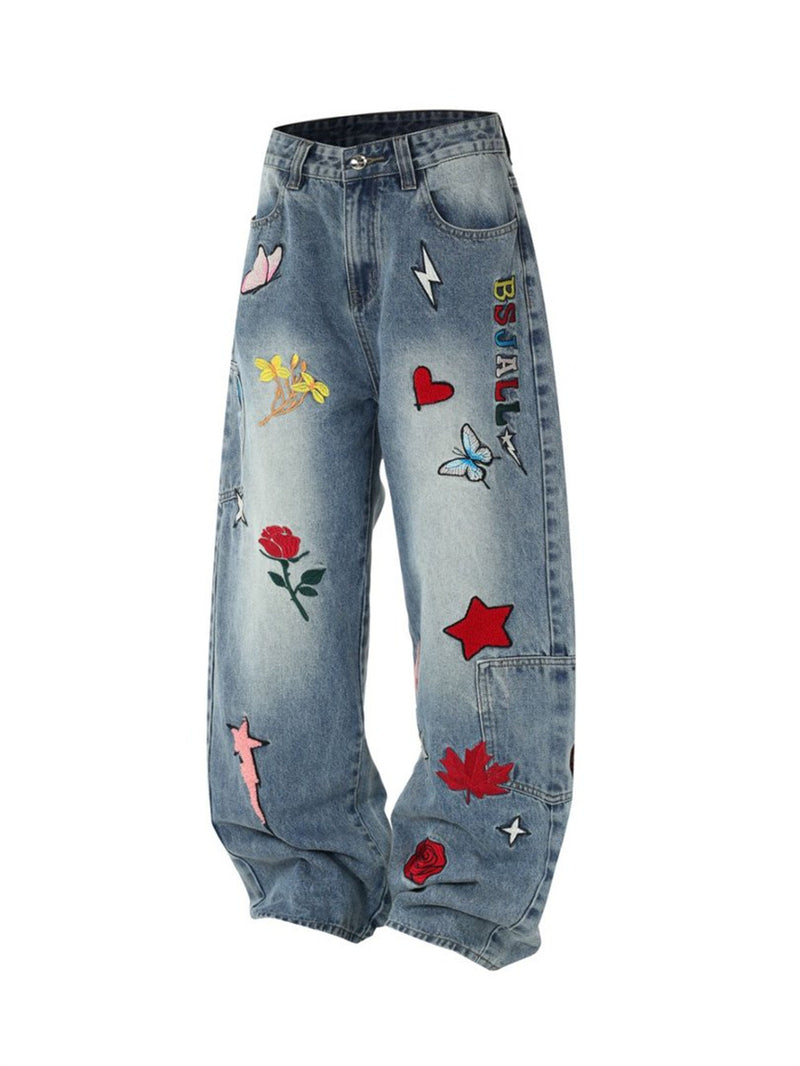 Wide-Leg Jeans with Embroidered Patches – Stars, Butterflies & Roses on Washed