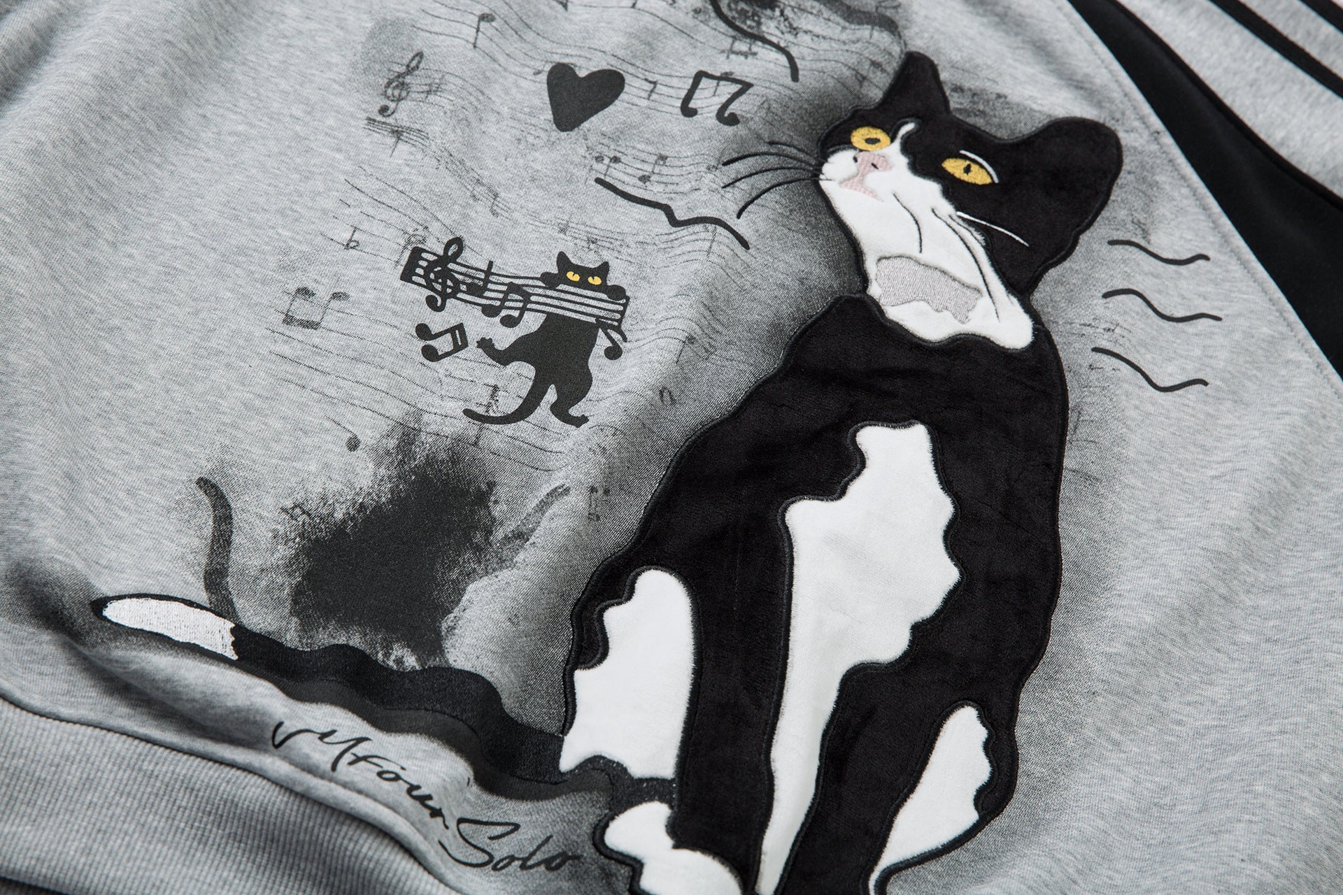 Sweat-shirt motif chat en smoking avec imprimé note de musique et manches raglan color block
