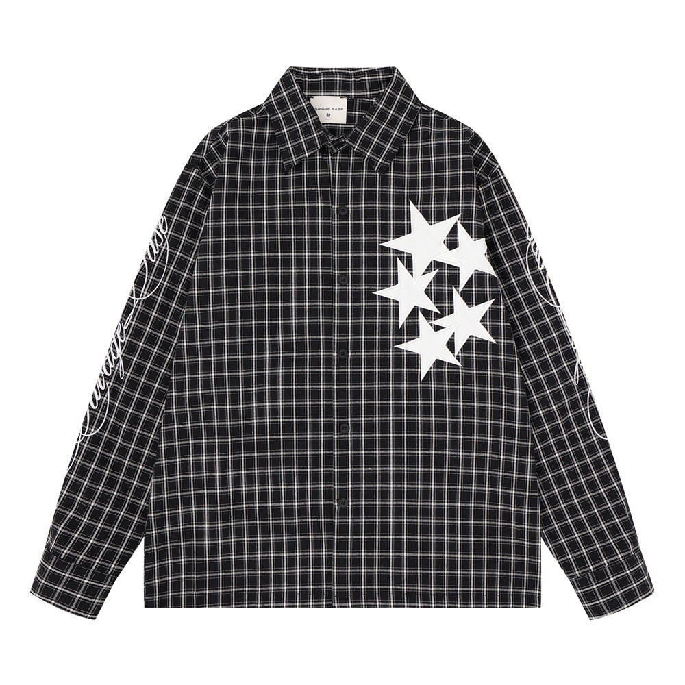 Mens Red Button Up Shirt Plaid Star Patch Long Sleeve Oversized Flannel