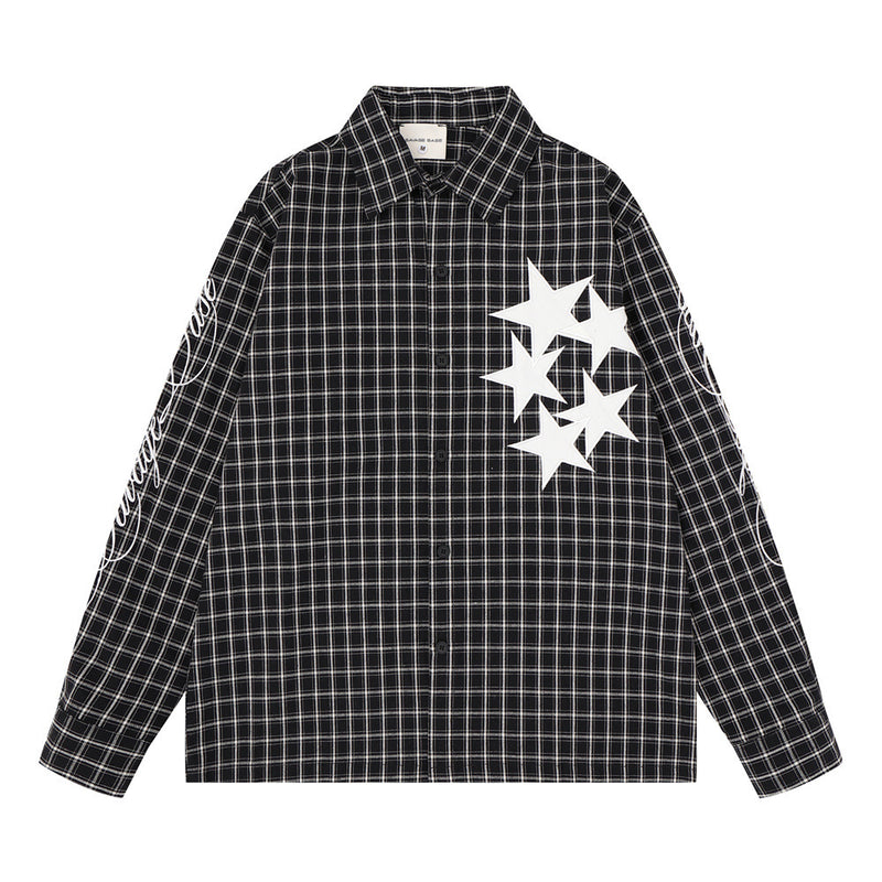 Mens Red Button Up Shirt Plaid Star Patch Long Sleeve Oversized Flannel