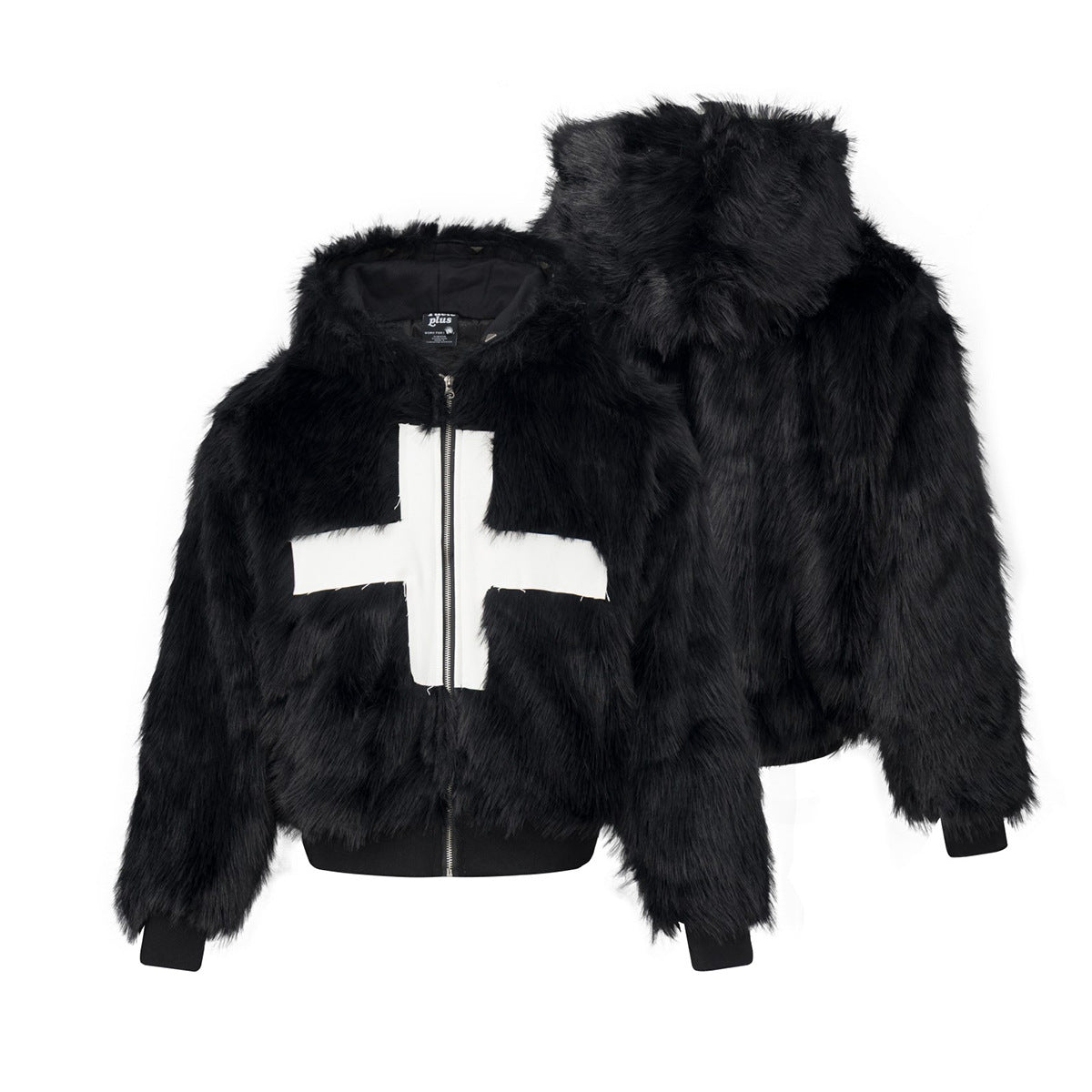 Faux Fur Hooded Bomber Jacket – Black with White Cross Patch