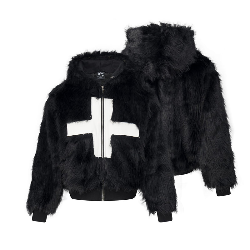 Faux Fur Hooded Bomber Jacket – Black with White Cross Patch