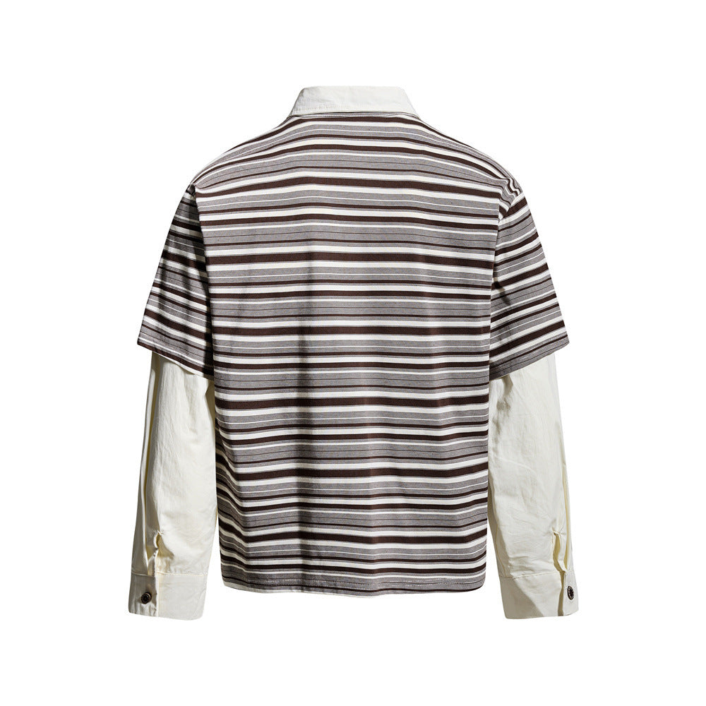 Striped Faux Two-Piece Polo Shirt – Relaxed Fit Long Sleeve with Contrast Woven