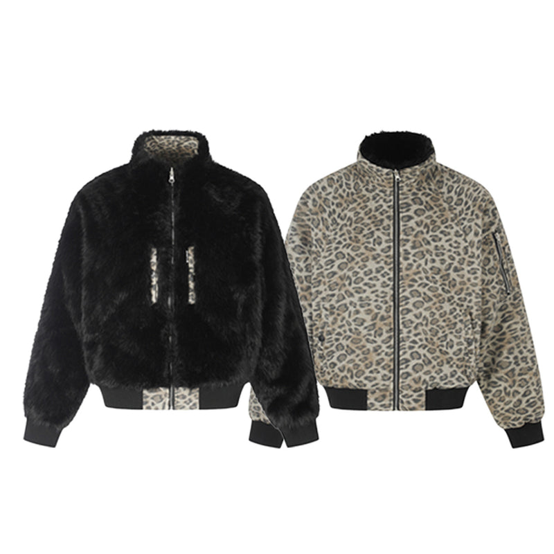 Reversible Faux Fur & Leopard Print Bomber Jacket – Oversized Retro American