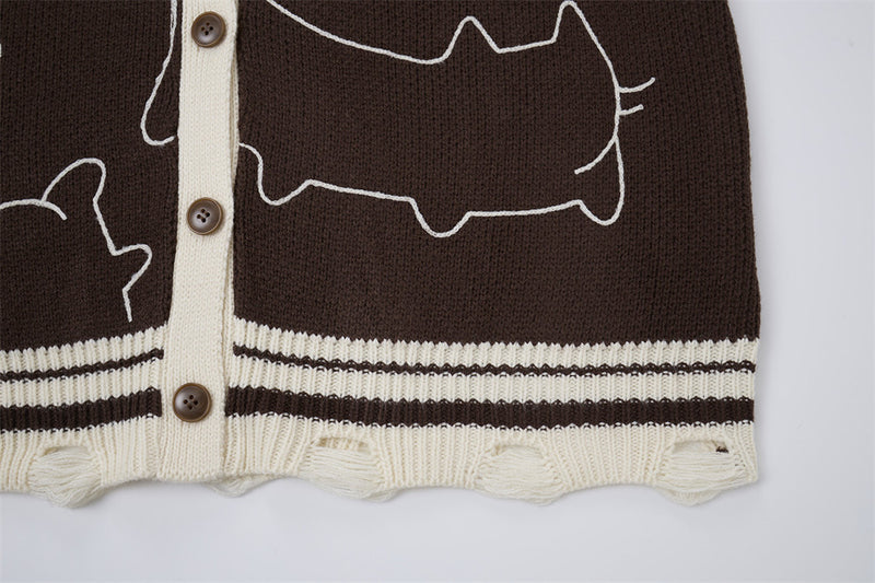 Gilet cardigan en maille motif contour de chat – Col V oversize boutonné avec finition effilochée