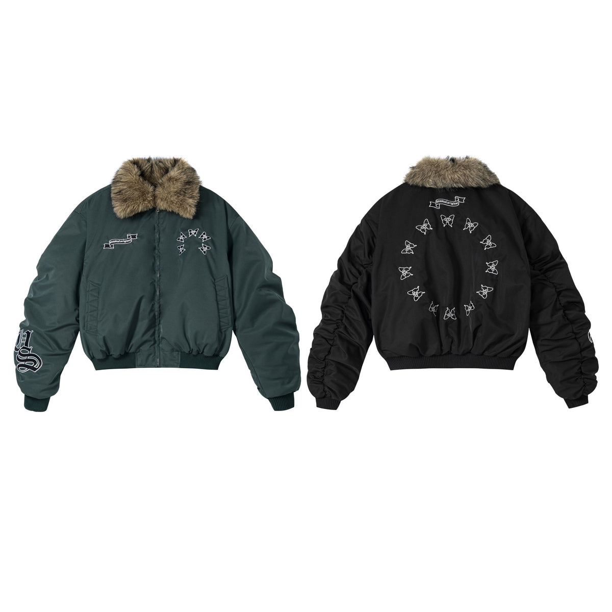 Herren-Schwarze-Pufferjacke mit Fellkragen – Bomberjacke mit Schmetterlingsstickerei