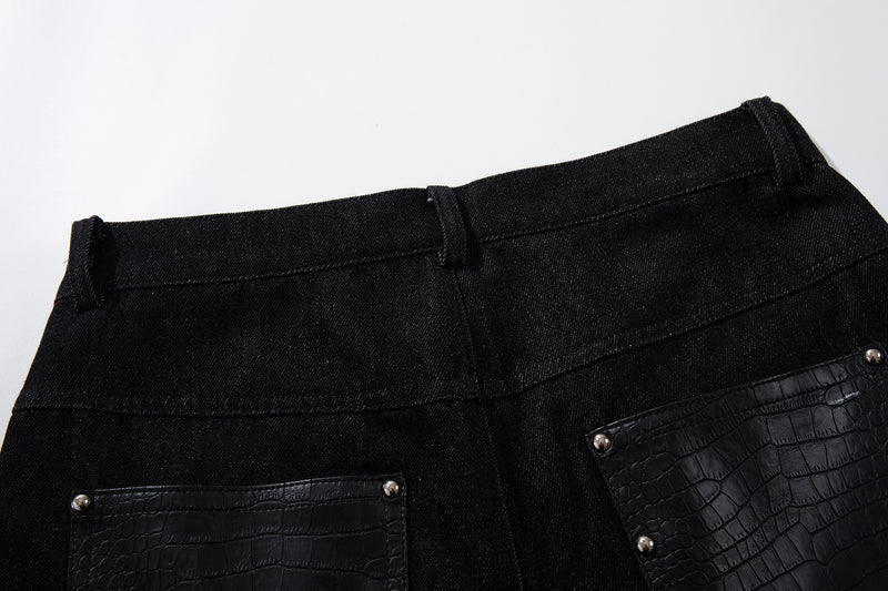 Jean taille haute baggy – Denim noir large avec empiècements effet croco et détails argentés
