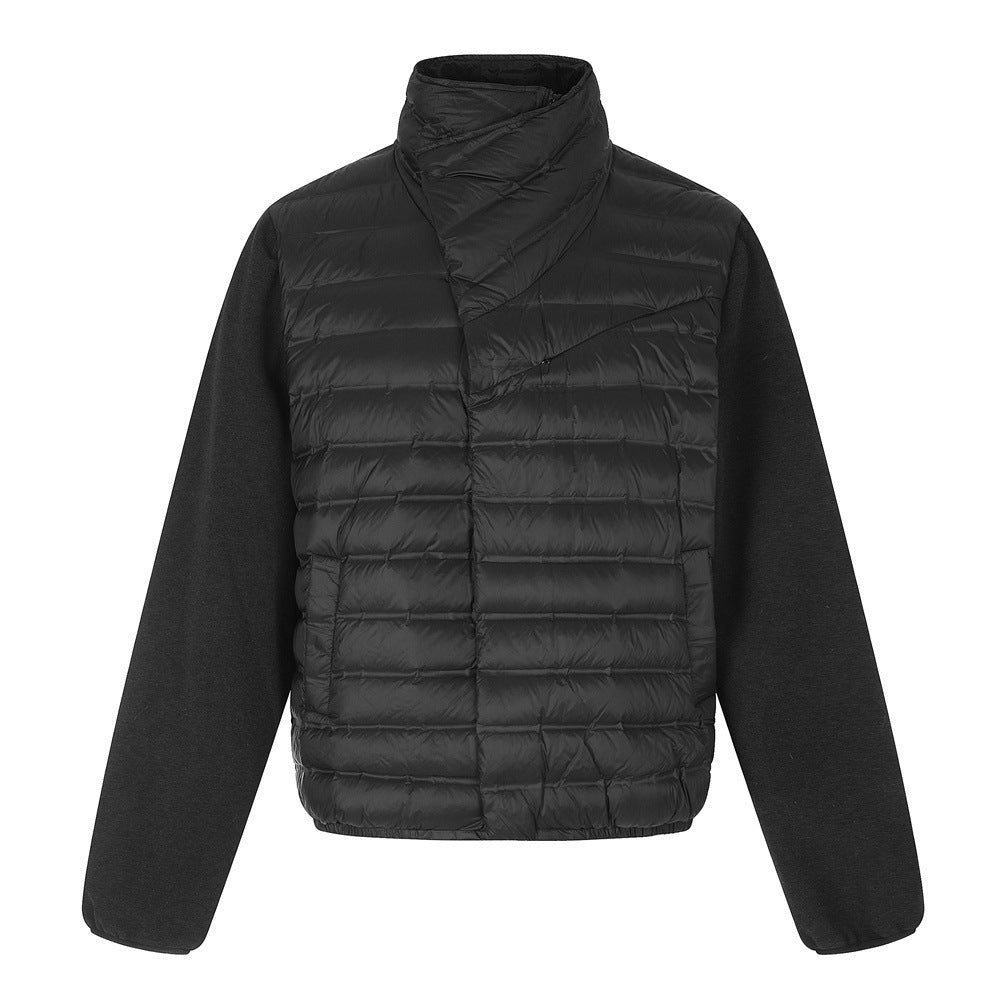 Men's Asymmetric Stand Collar Quilted Down Jacket – Diagonal Placket Puffer Coat