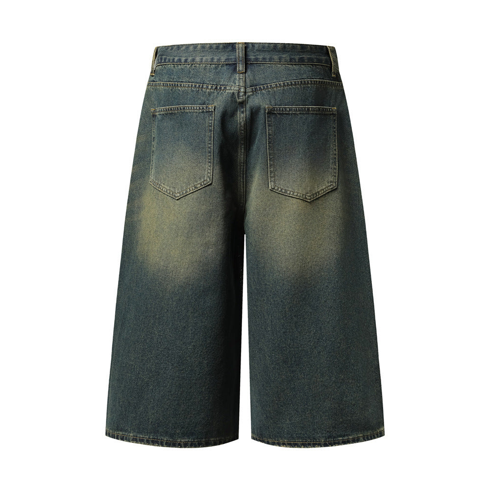 Wide-Leg Rhinestone Denim Shorts – Vintage Washed Straight-Cut Bermuda