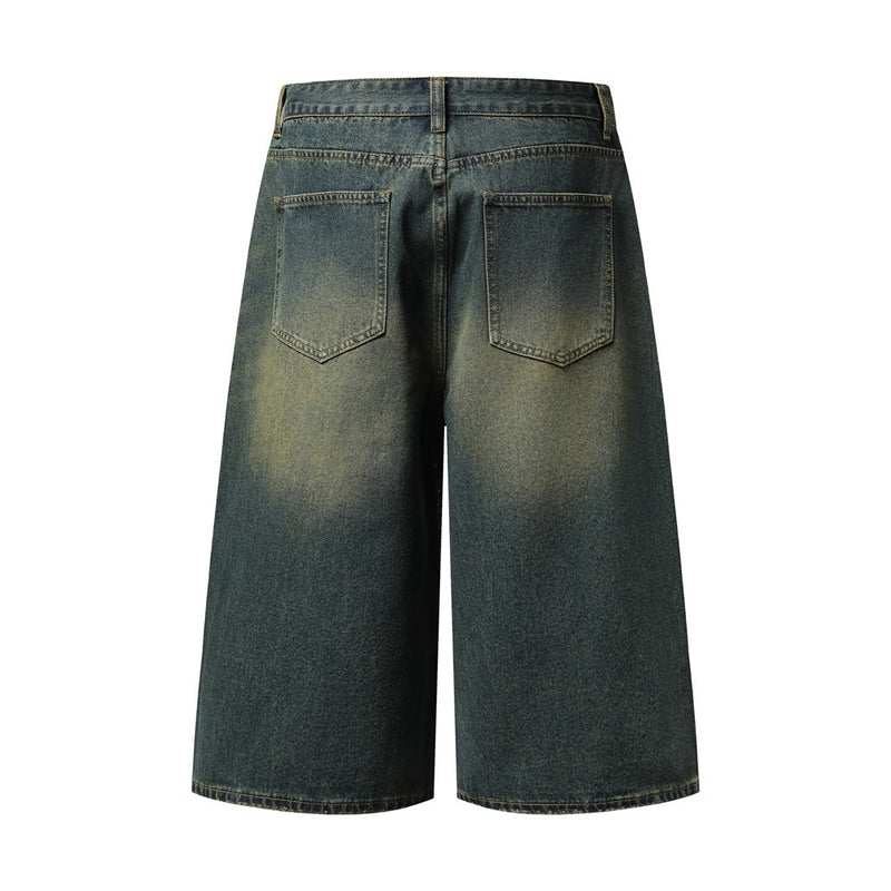 Wide-Leg Rhinestone Denim Shorts – Vintage Washed Straight-Cut Bermuda