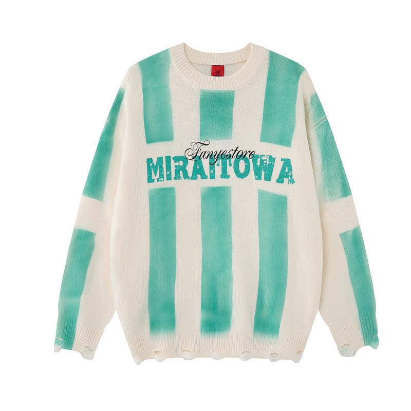 Pull en maille rayé et délavé – Col rond oversize, streetwear vintage américain