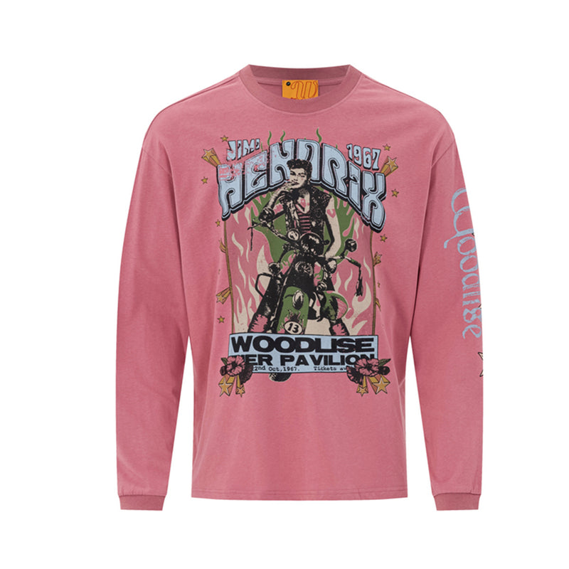 Camisa de algodón lavado de manga larga con estampado motero de Jimi Hendrix en el Woodlise Pavilion de 1967, en rosa empolvado