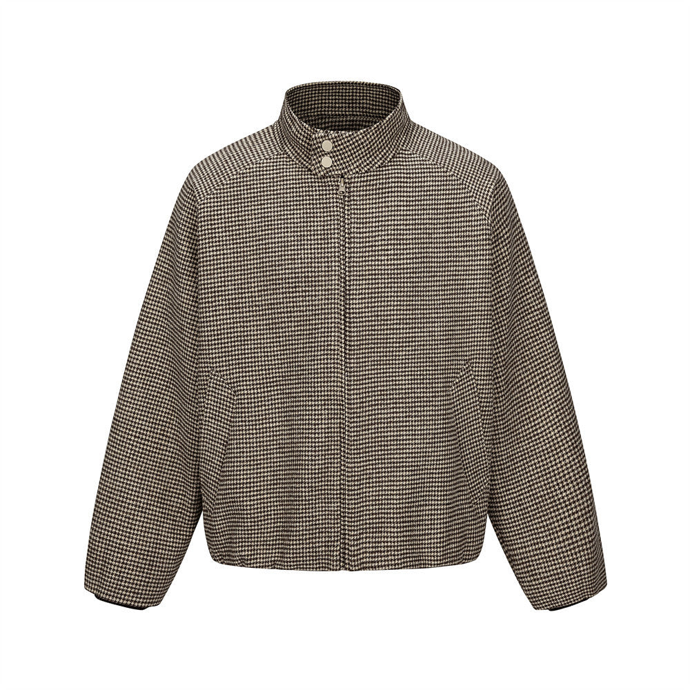 Houndstooth Wool-Blend Stand Collar Jacket – Men's Relaxed Fit Retro Bomber