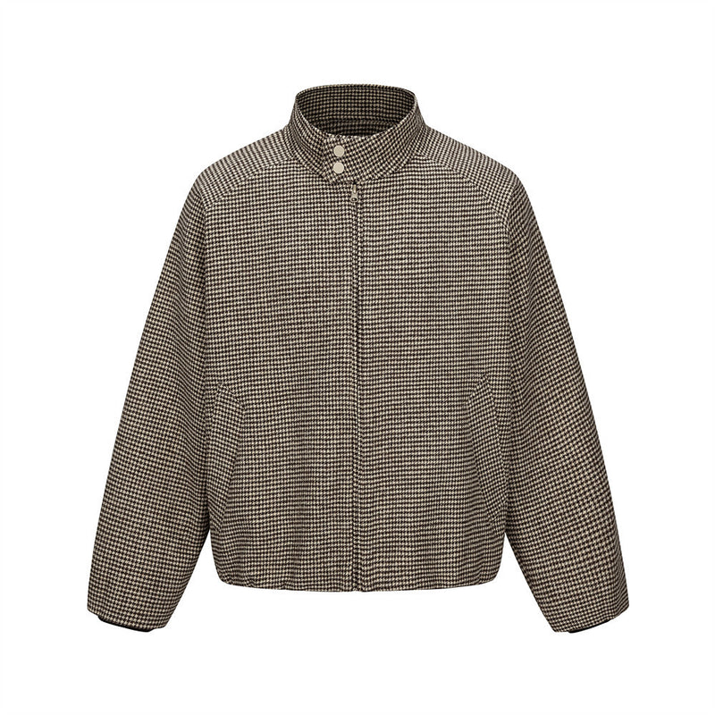 Houndstooth Wool-Blend Stand Collar Jacket – Men's Relaxed Fit Retro Bomber