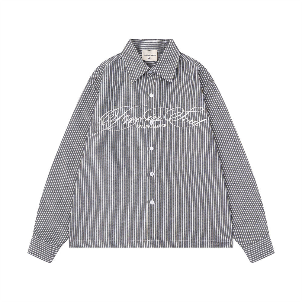 Striped Long-Sleeve Shirt with Cursive Logo Embroidery — Oversized Fit