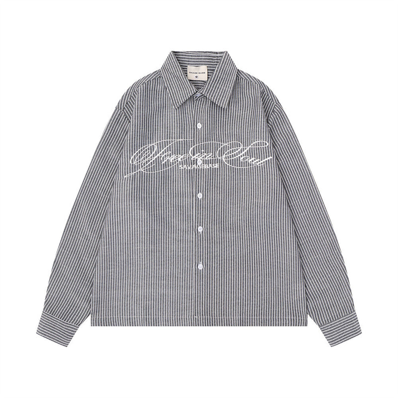 Striped Long-Sleeve Shirt with Cursive Logo Embroidery — Oversized Fit
