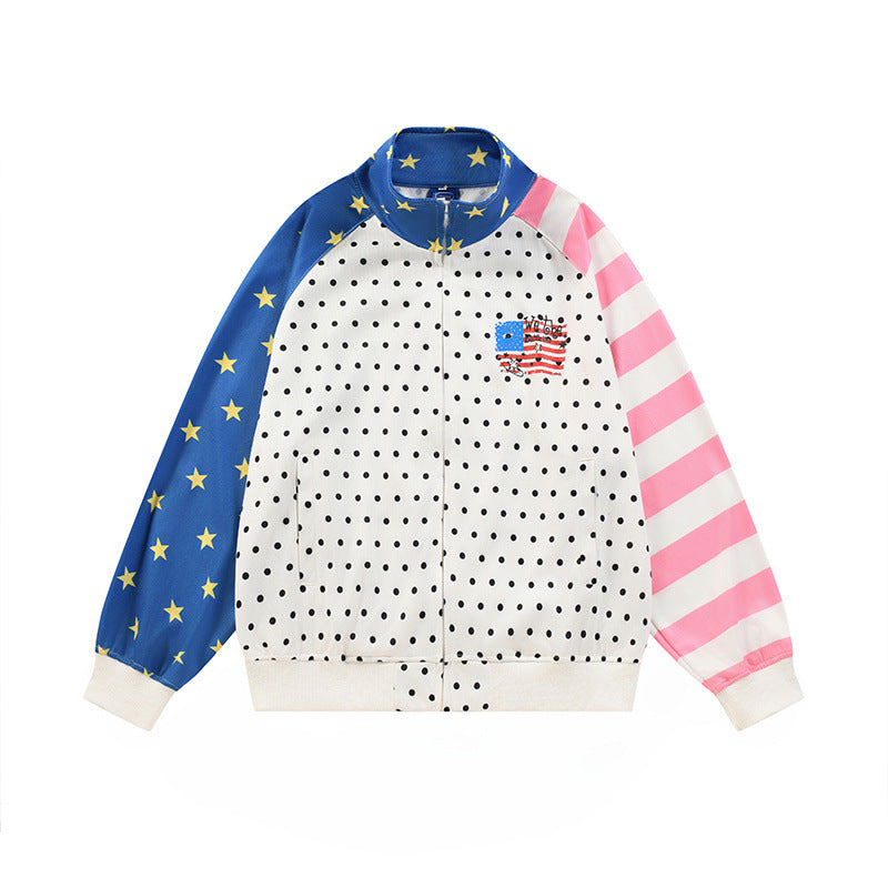Polka Dot Colorblock Stand Collar Zip-Up Jacket – Stars & Stripes Patchwork