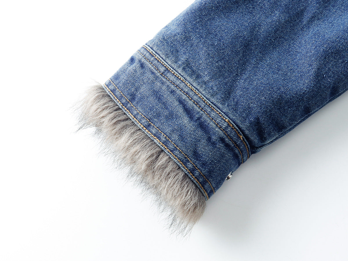 Fur-Lined Denim Jacket – Men's Winter Bomber with Faux Fur Collar & Quilted