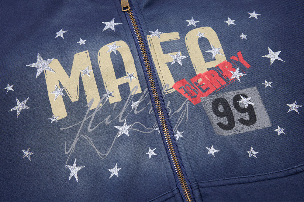 Sudadera con Capucha y Cremallera, Estampado de Estrellas, Corte Extragrande para Hombre