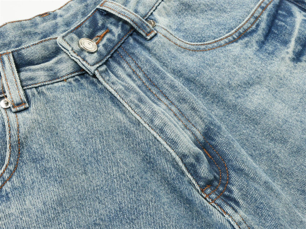 Men's Baggy Wide-Leg Jeans – Studded & Embroidered Washed Denim