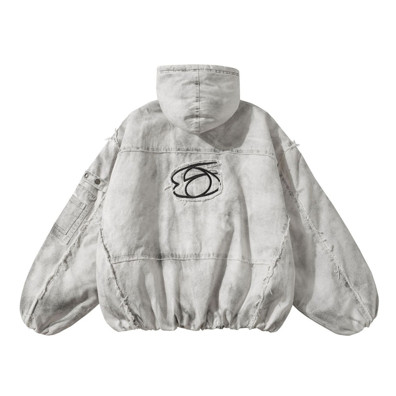 Oversized Hooded Puffer Jacket – Distressed Raw-Edge Washed Streetwear Cotton