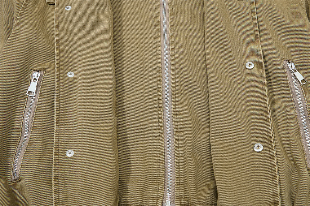 Men's Washed Denim Bomber Jacket – Oversized Fit, Double Collar & Zip Pockets