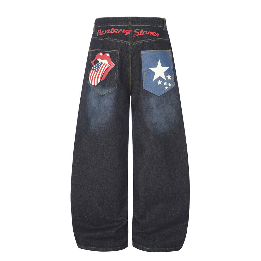 Jean barrel large pour homme – Denim punk streetwear oversize avec motif au dos