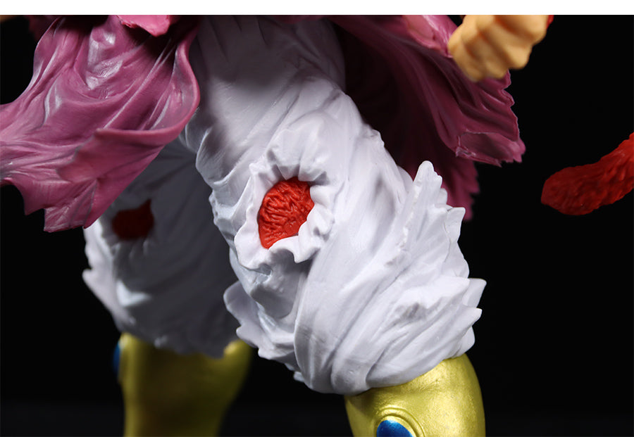 A close-up of the Seakoff Super Saiyan Broly Collectible Figure showcases its white pants adorned with red wound-like textures, complementing a vibrant outfit. Set against a black background, the 33cm Dragon Ball Z premium action figure&