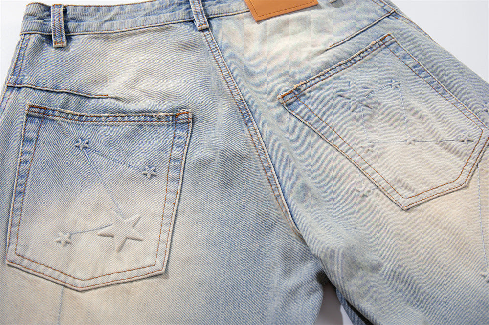 Star Embroidery Wide-Leg Jeans – Vintage Washed Baggy Denim
