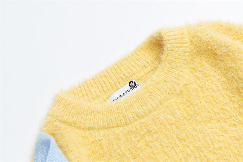 Cartoon Dog Colorblock Crew Neck Knit Sweater – Oversized Fuzzy Pullover