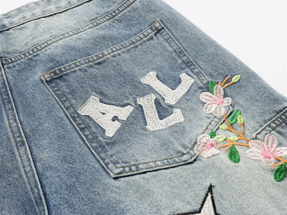 Wide-Leg Jeans with Embroidered Patches – Stars, Butterflies & Roses on Washed