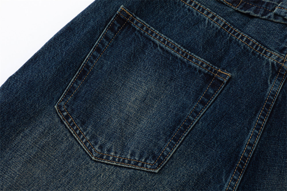Wide-Leg Jeans – Vintage Washed Dark Blue with Distressed Details