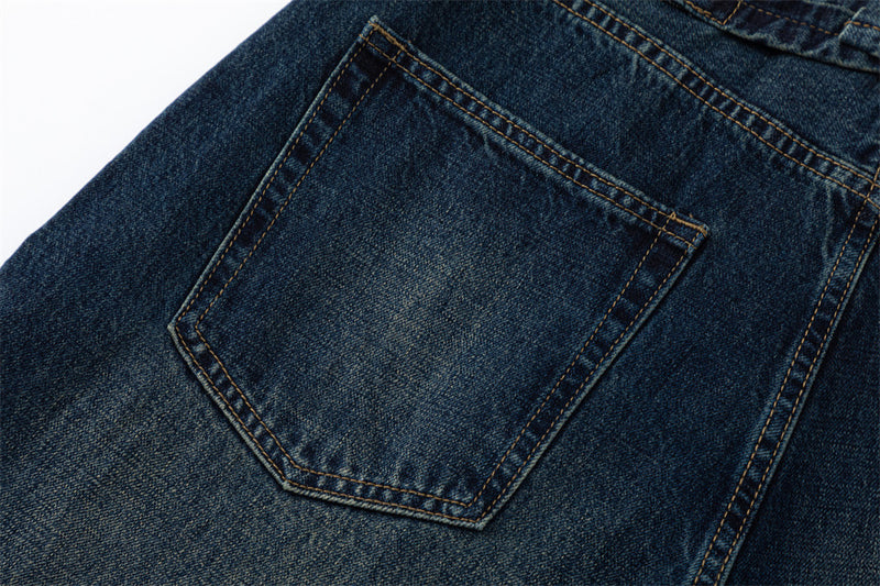 Wide-Leg Jeans – Vintage Washed Dark Blue with Distressed Details