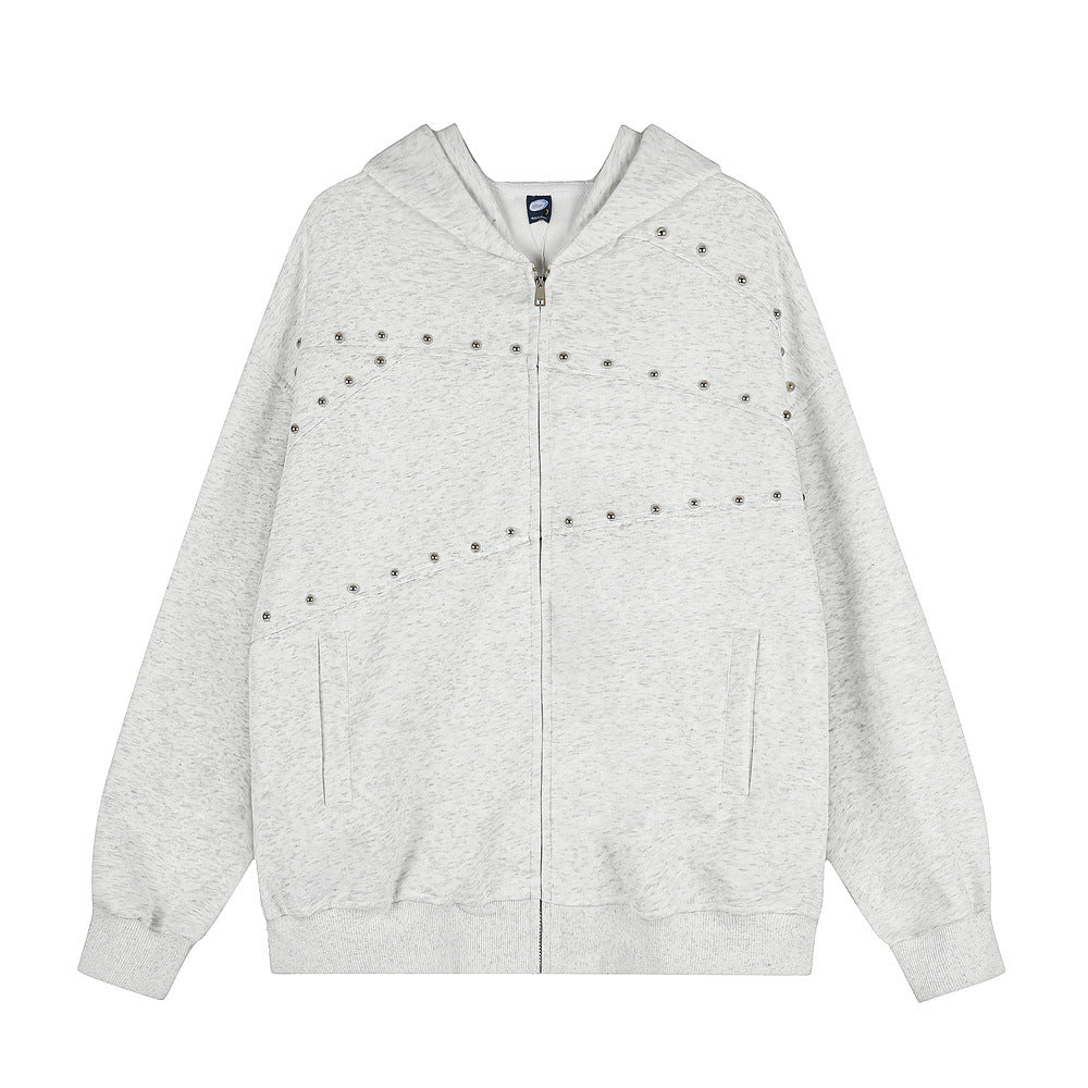Oversized Zip-Up Hoodie with Studded Seam Detail – Acid Wash & Grey