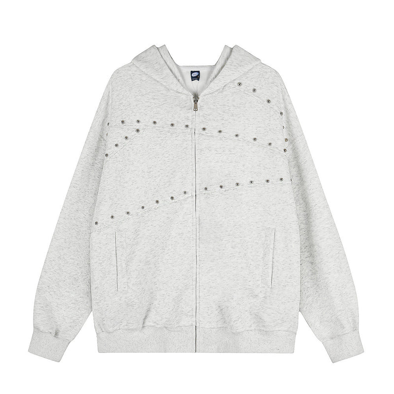 Oversized Zip-Up Hoodie with Studded Seam Detail – Acid Wash & Grey