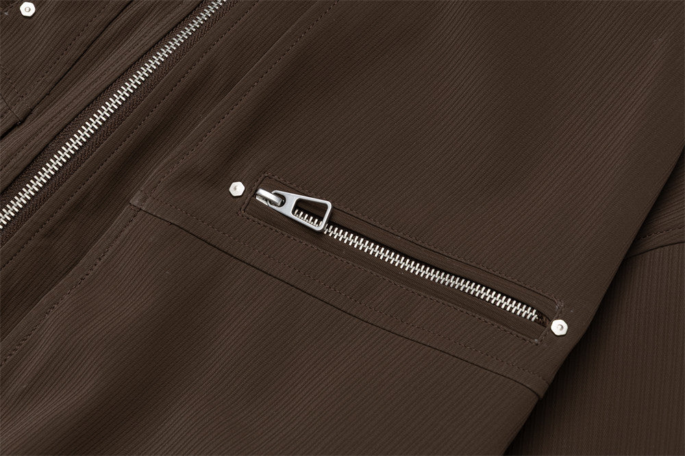 Men's Oversized Stand-Collar Zip Jacket with Cargo Pockets – Brown