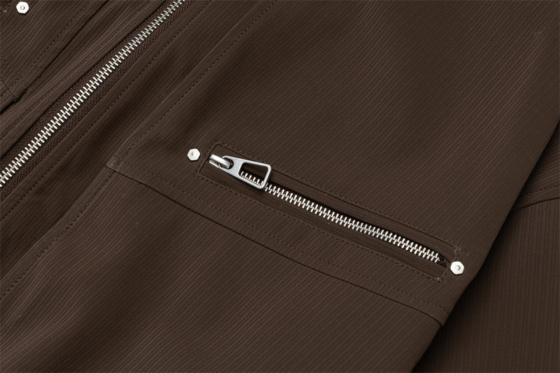 Men's Oversized Stand-Collar Zip Jacket with Cargo Pockets – Brown