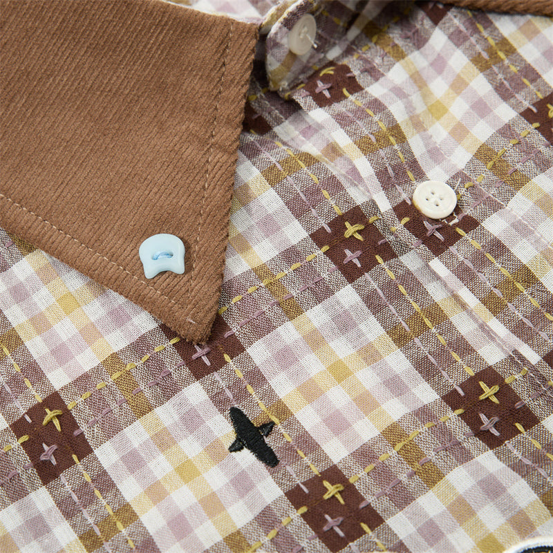Cartoon Cat & Dog Patch Embroidery Plaid Short Sleeve Shirt