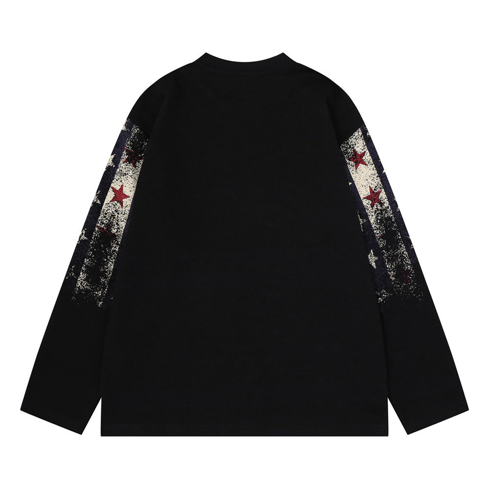 Long Sleeve Waffle-Knit Graphic Tee – Distressed Star & Stripe Print, Oversized