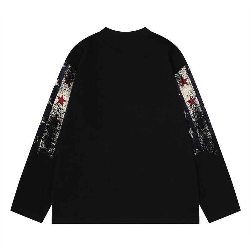 Long Sleeve Waffle-Knit Graphic Tee – Distressed Star & Stripe Print, Oversized