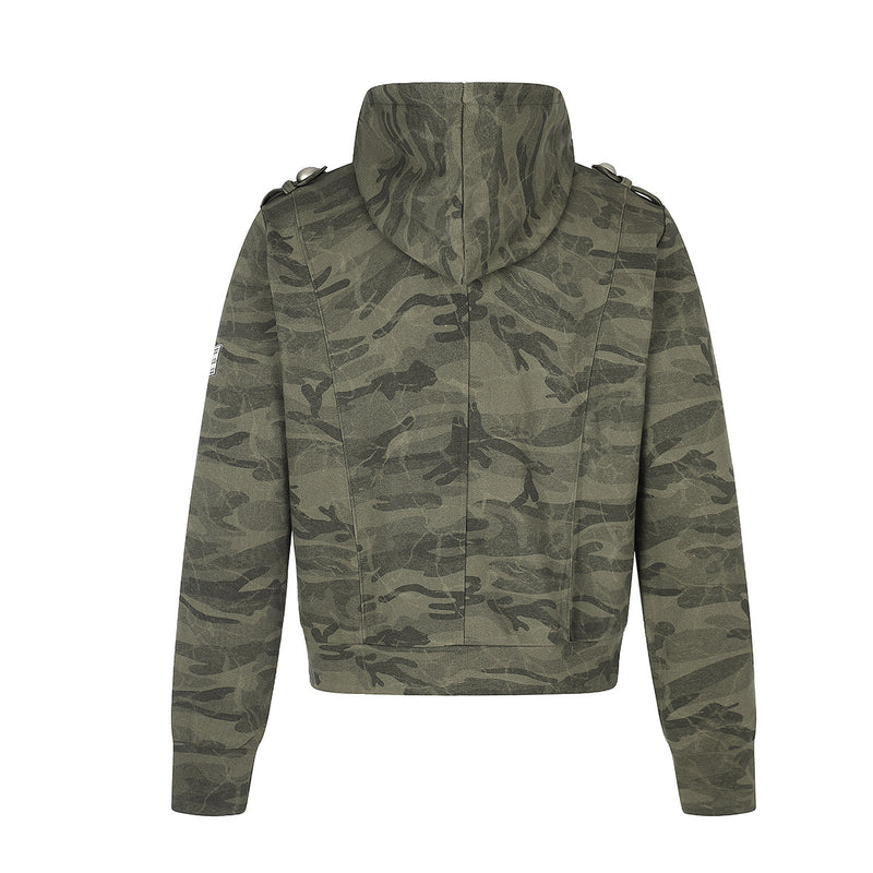Sudadera con capucha y cremallera de camuflaje, oversize de estilo militar con botones plateados