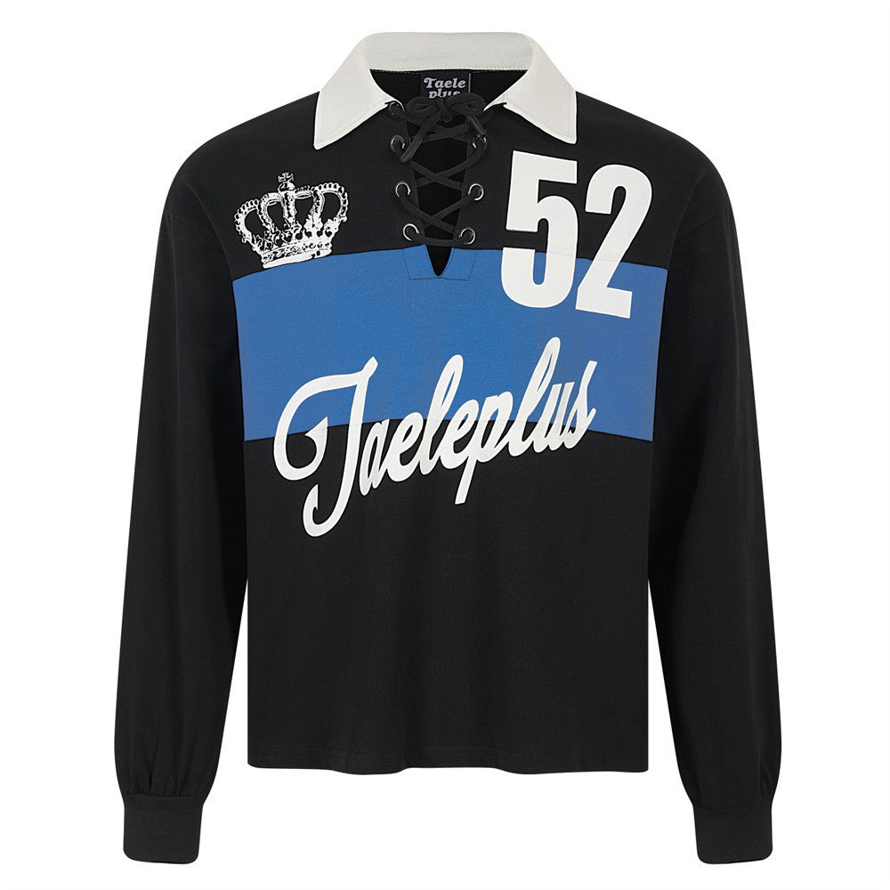 Men's black and blue colorblock long sleeve rugby polo shirt with lace-up collar, number 52 print, and embroidered crown badg