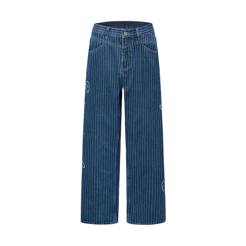 Jean droit à jambes larges à fines rayures pour homme avec broderie script