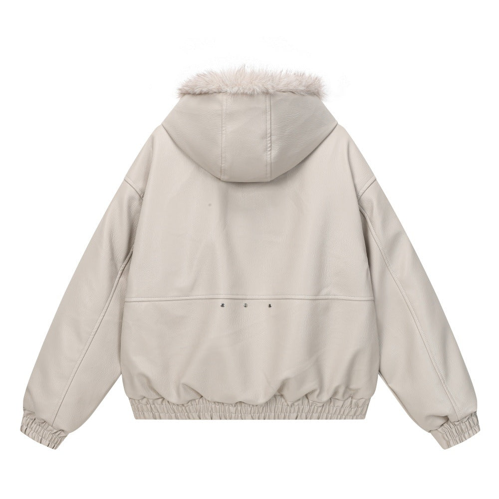 Men's Studded Deconstructed PU Leather Hooded Jacket with Faux Fur Collar