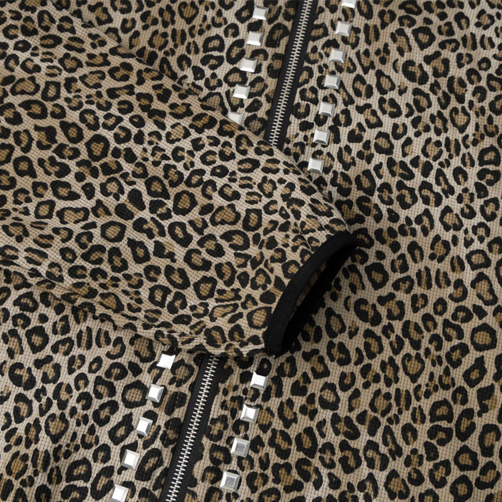 Leopard Print Zip-Up Hoodie with Studded Rhinestone Detail
